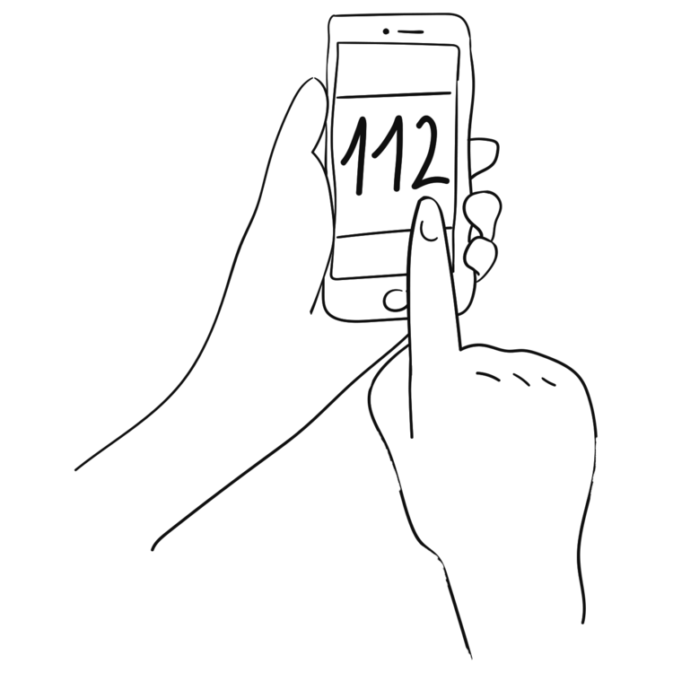 Hände tippen den Notruf 112 in ein Telefon